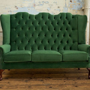 3 Seater Green Velvet  High Wing Back Chesterfield Sofa