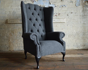 British Handmade Grey Wool Chesterfield High Back Wing Chair