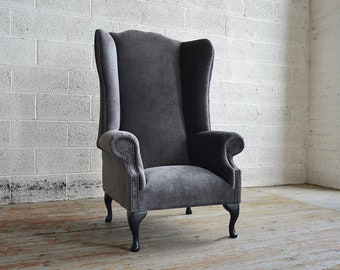 British Handmade Vintage Slate Grey Velvet Chesterfield Highback Wing Chair