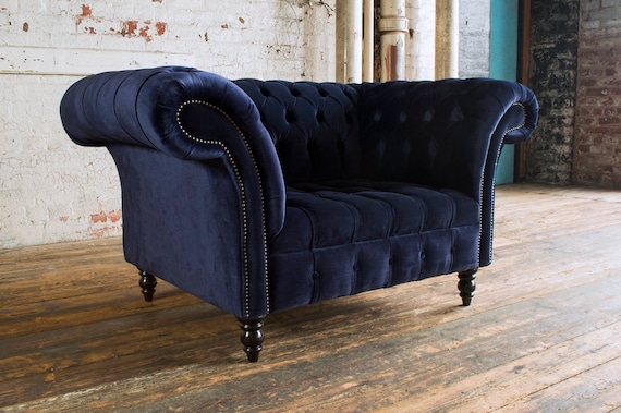 Navy Blue Velvet Chesterfield Snuggle Chair British Handmade