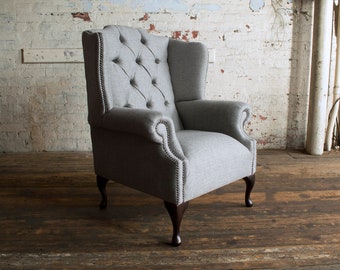 Warm Grey Herringbone Wool Chesterfield Wing Back Chair, British Handmade