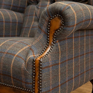 British Handmade Tan Brown Herringbone Tweed with Antique Tan Leather High Back Wing Chair image 3