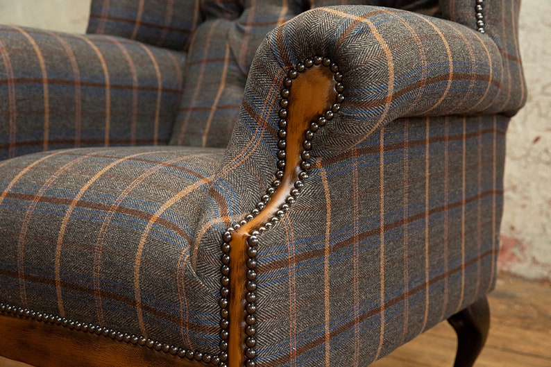 British Handmade Tan Brown Herringbone Tweed with Antique Tan Leather High Back Wing Chair image 3