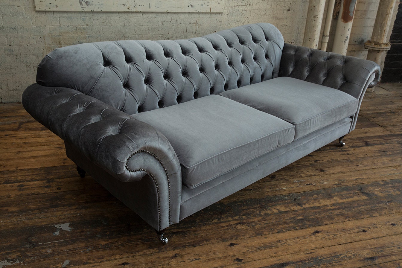 British Handmade 3 Seater Plush Grey Velvet 3 Chesterfield Sofa - Etsy UK