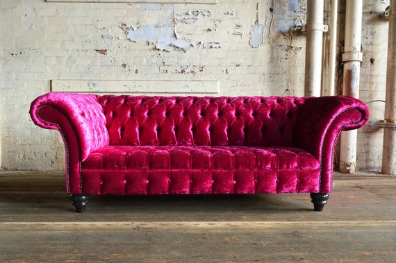 3 Seater Fuchsia Pink Crushed Velvet Fabric Chesterfield Sofa