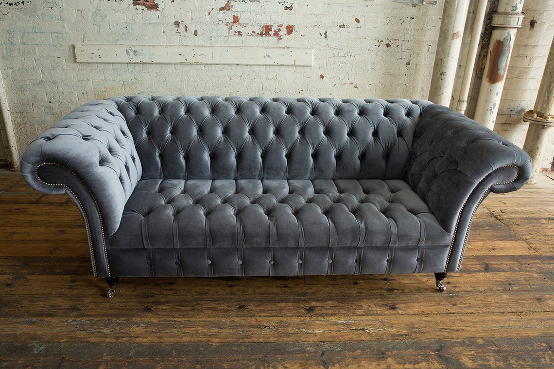 British Handmade 3 Seater Grey Velvet Fabric Chesterfield Sofa - Etsy UK