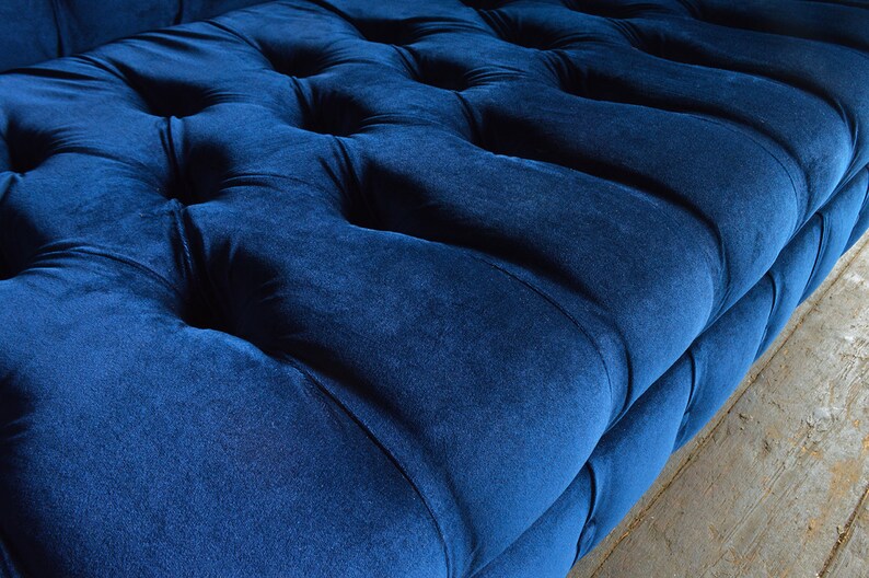British Handmade 3 Seater Navy Blue Velvet Fabric Chesterfield Sofa ...