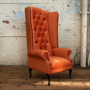 British Handmade Geneva Orange Velvet Fabric Chesterfield High Back Wing Chair