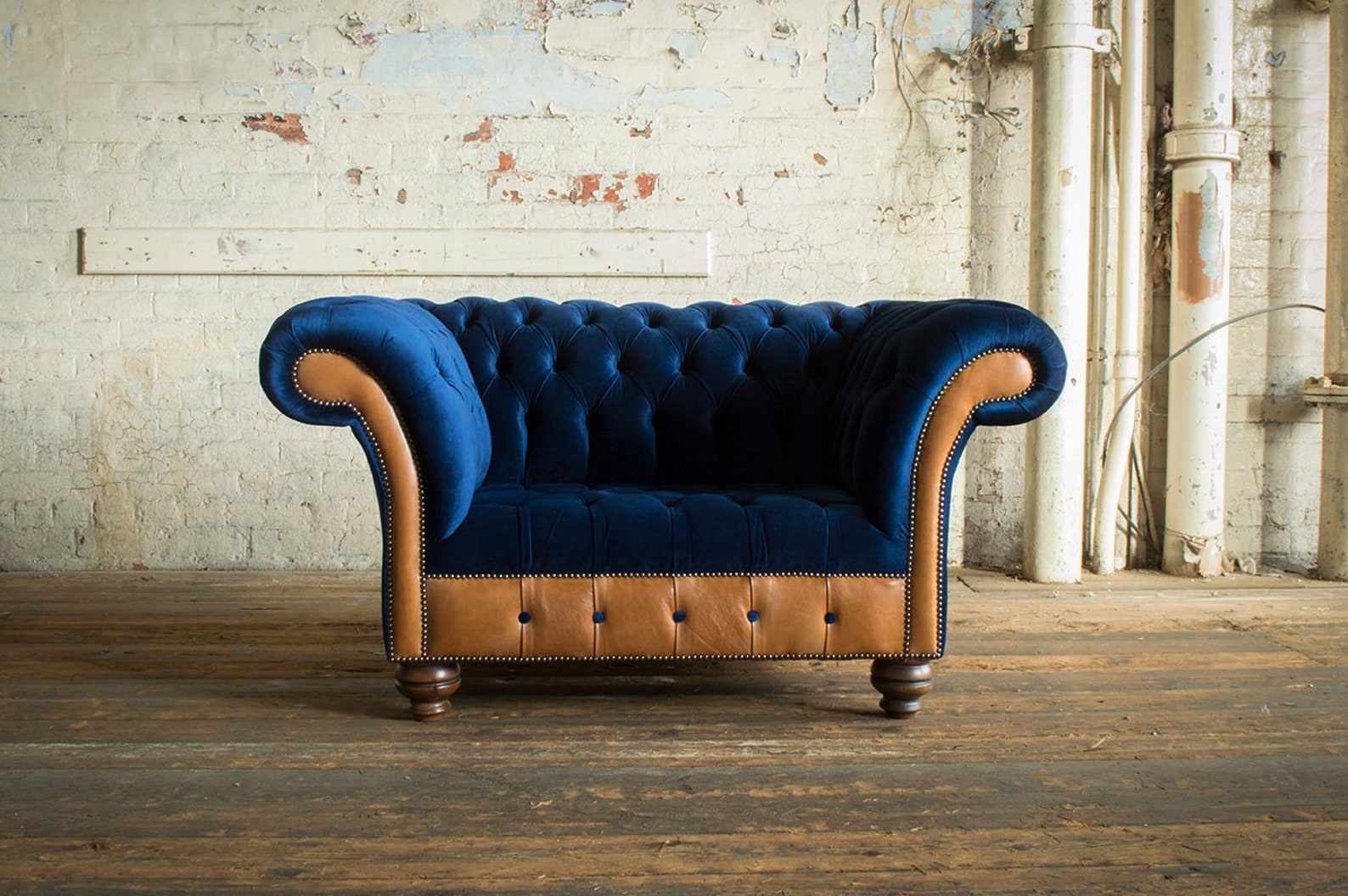 Chesterfield Snuggle Chair Blue Velvet & Vintage Tan Leather Etsy UK