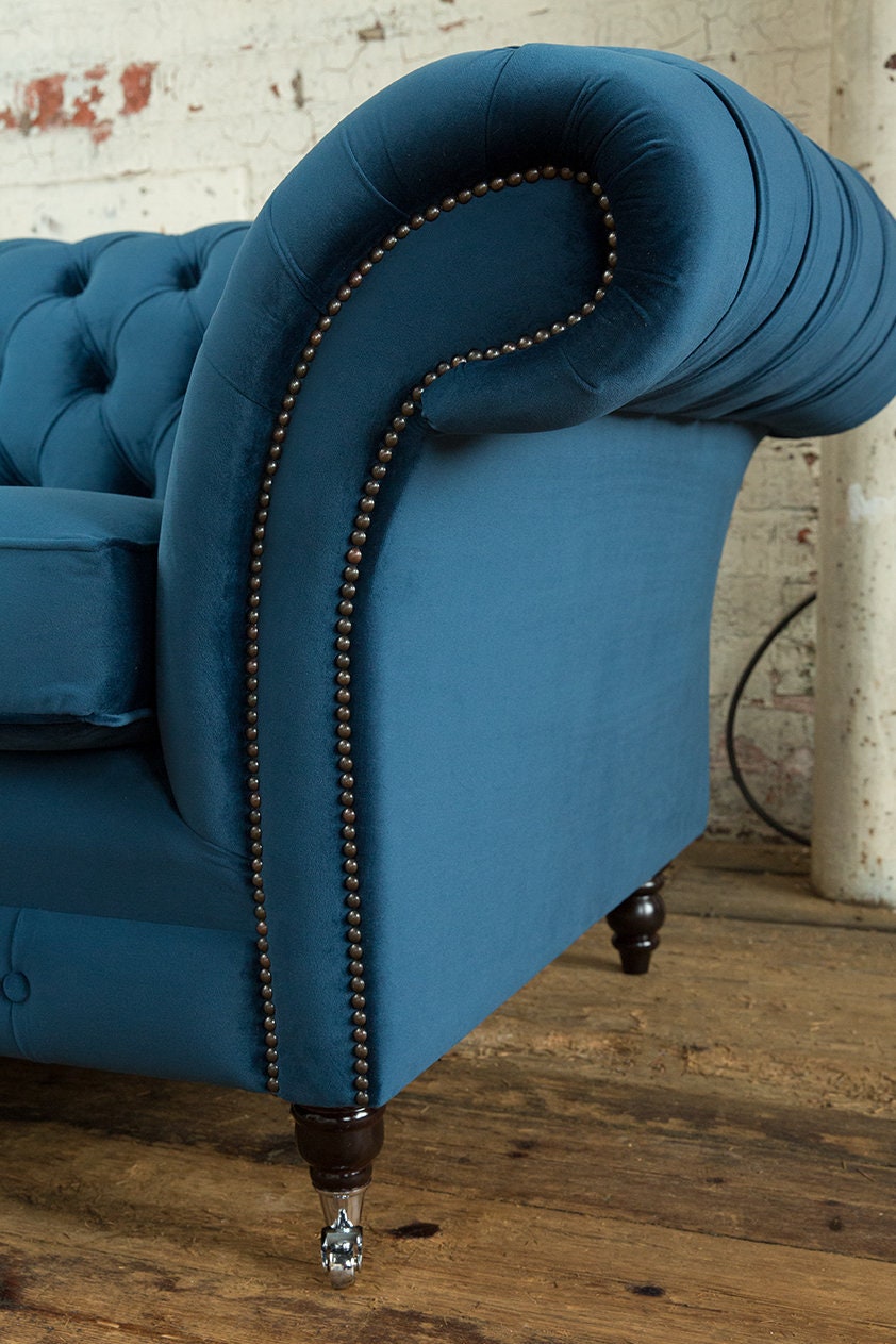 British Handmade 3 Seater Ocean Navy Blue Velvet Fabric Chesterfield ...