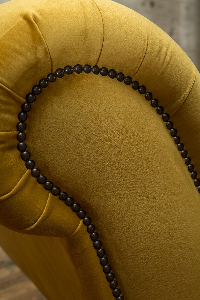 Mustard Velvet Fabric Chesterfield Chaise Lounge Chair, British Handmade image 6