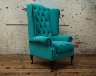 British Handmade Turquoise Blue Velvet Chesterfield High Back Wing Chair