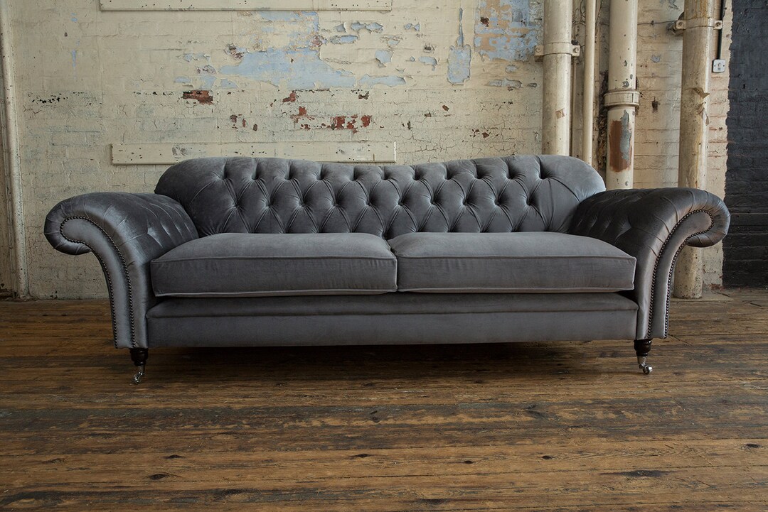British Handmade 3 Seater Plush Grey Velvet 3 Chesterfield Sofa - Etsy UK