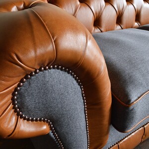 British Handmade Vintage Tan Leather & Grey Wool 3 Seater Chesterfield ...
