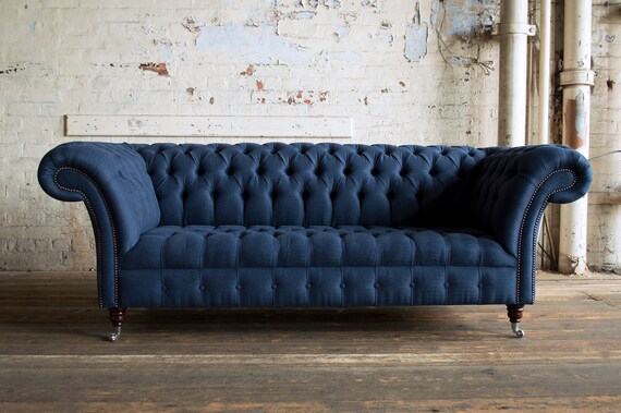 Handmade 3 Seater Navy Blue Herringbone Chesterfield Sofa Etsy UK