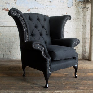 Charcoal Herringbone Wool Chesterfield Wing Chair | British Handmade | Other Colours