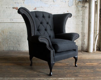 Charcoal Herringbone Wool Chesterfield Wing Chair | British Handmade | Other Colours