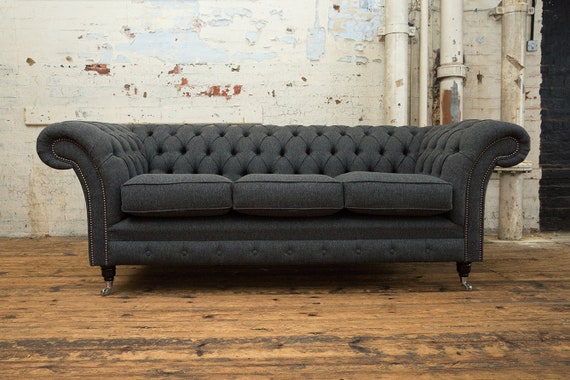Unique British Handmade Wool 3 Seater Chesterfield Sofa Reflex
