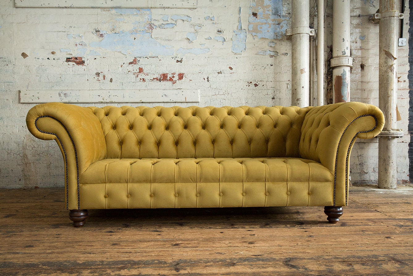 3 Seater Mustard Velvet Fabric Chesterfield Sofa, British Handmade ...