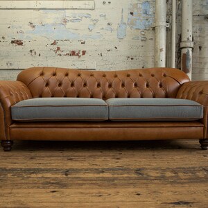 Handmade Vintage Tan Leather With Grey Linen 3 Seater Chesterfield Sofa ...