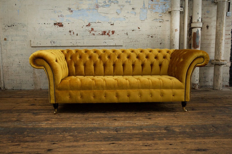 3 Seater Mustard Gold Velvet Fabric Chesterfield Sofa, British Handmade ...