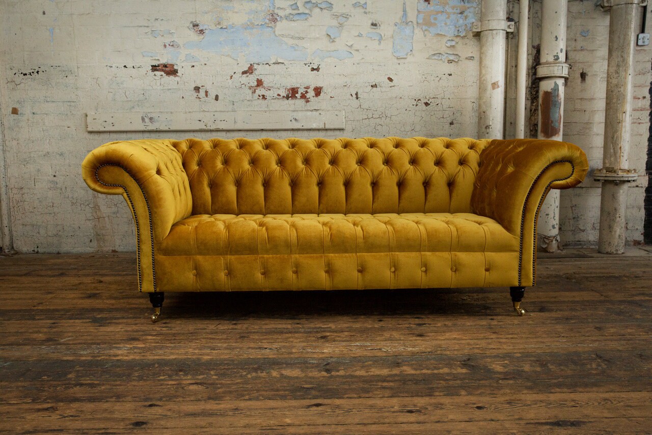 3 Seater Mustard Gold Velvet Fabric Chesterfield Sofa, British Handmade ...