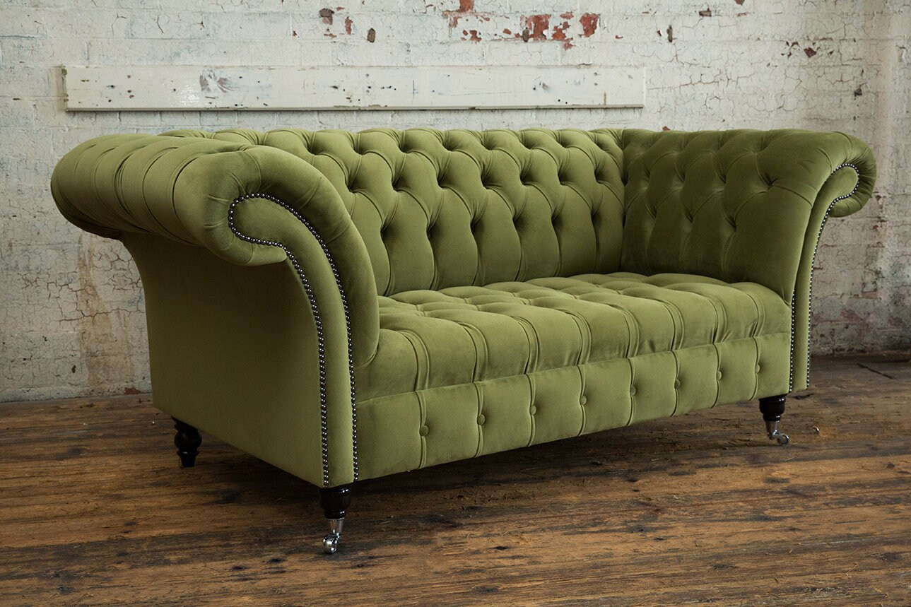 British Handmade 2 Seater Plush Olive Green Velvet Chesterfield