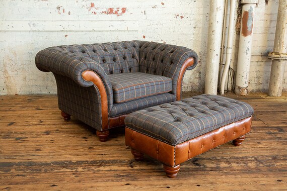 British Handmade 1.5 Seater Tan Tweed With Vintage Tan Leather