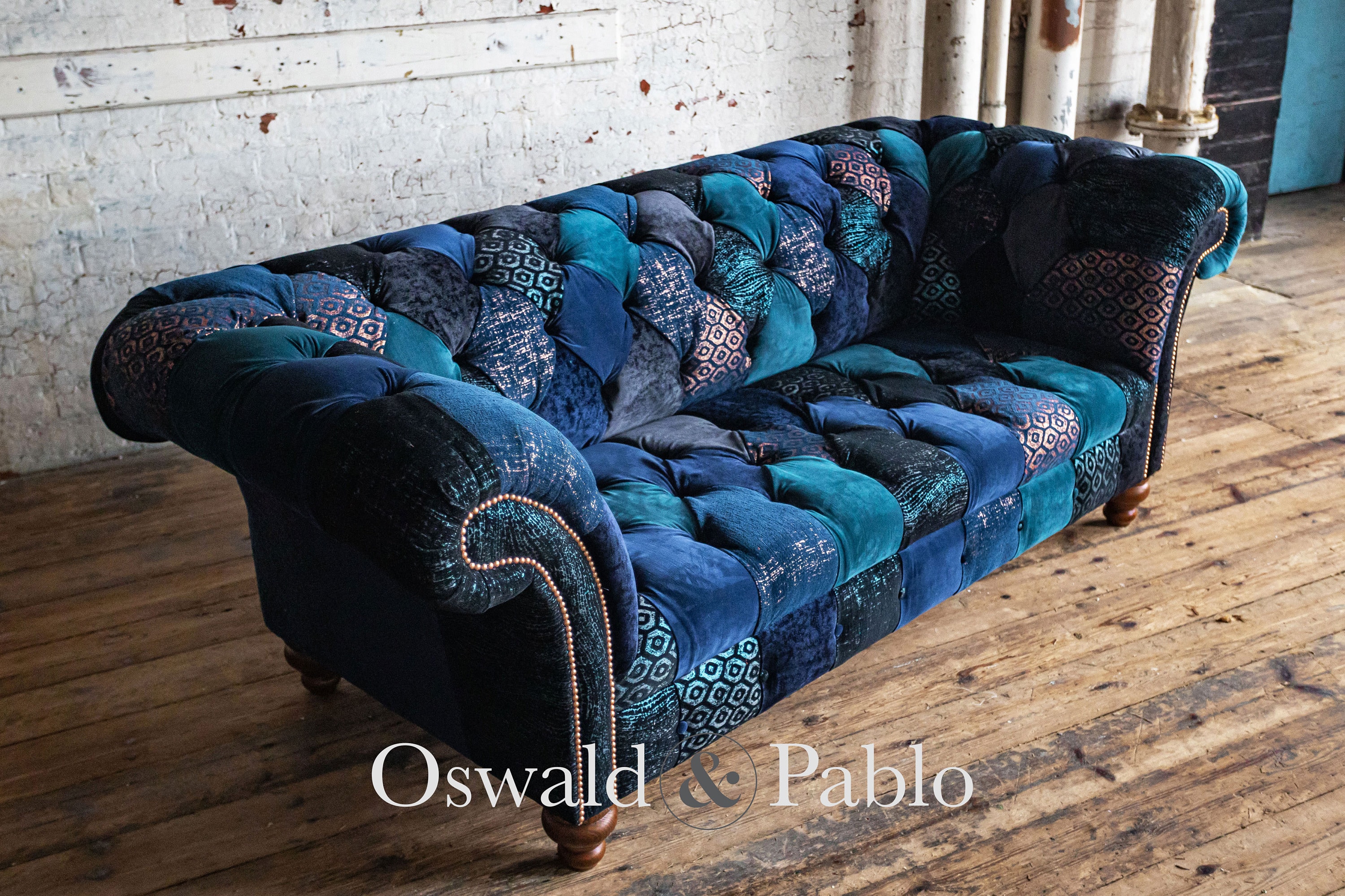 Unique British Handmade 3 Seater Navy Blue Velvet Fabric Patchwork ...