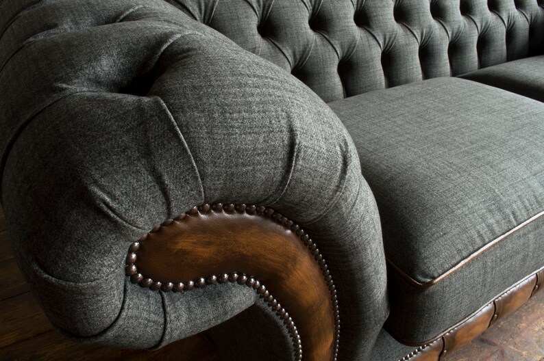 British Handmade 3 Seater Grey Wool & Antique Tan Leather 3 Seater ...
