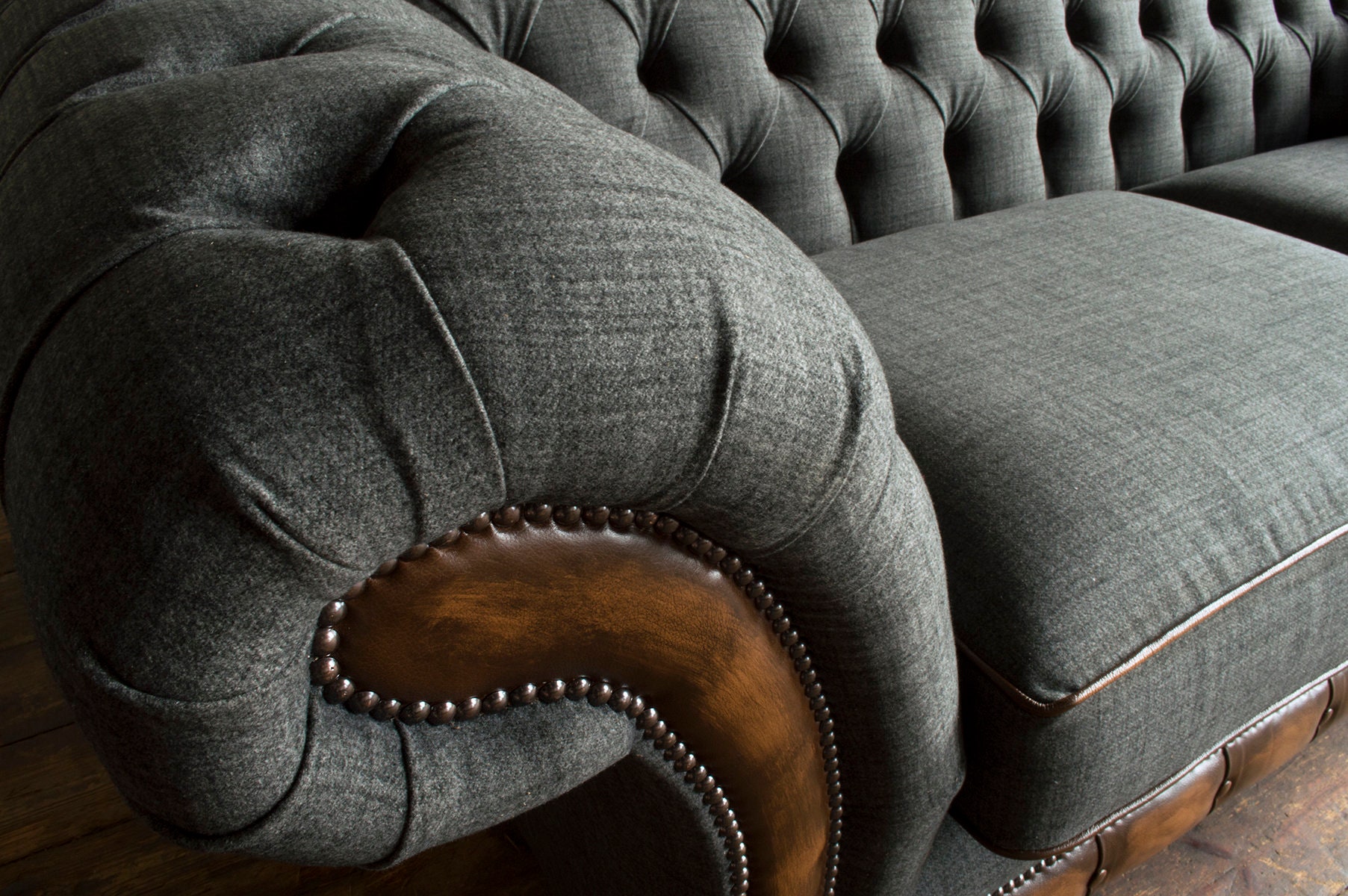 British Handmade 3 Seater Grey Wool & Antique Tan Leather 3 Seater ...