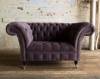 British Handmade 1.5 Seater Aubergine Textured Velvet Chesterfield Snuggle Chair, Armchair
