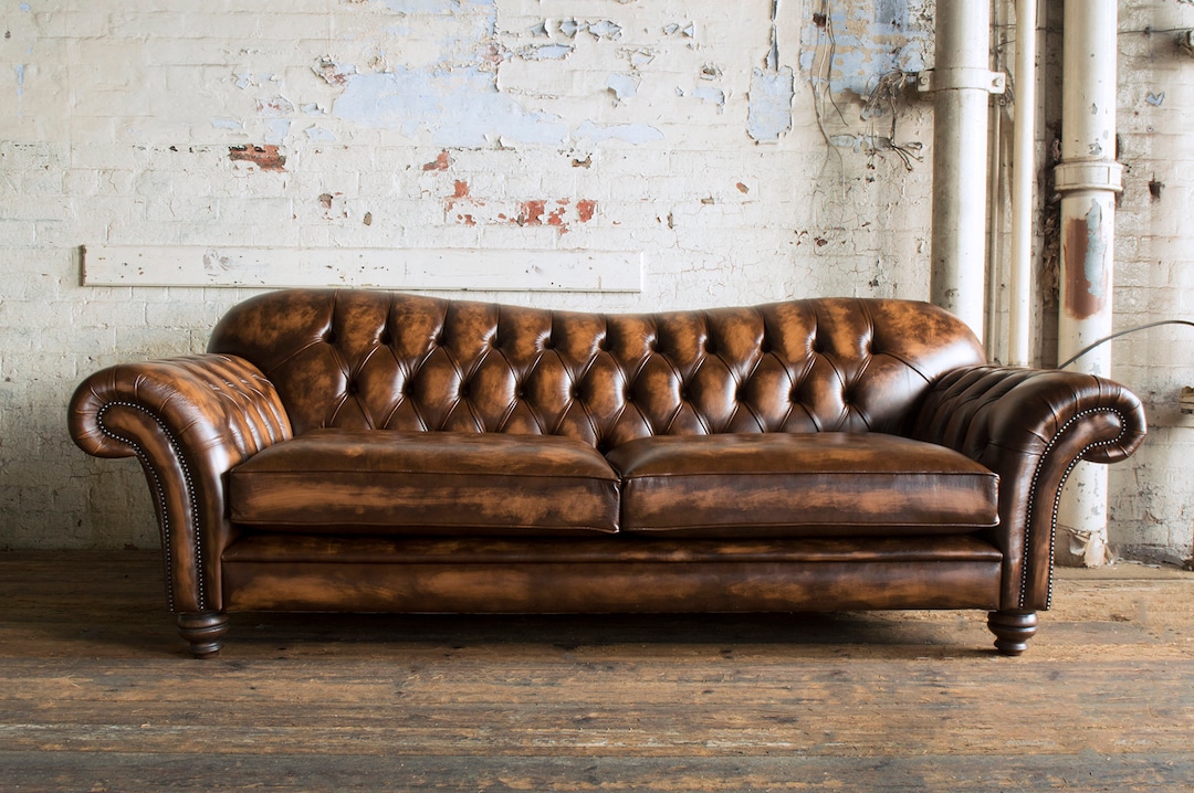 Large Handmade 3 Seater Antique Tan Leather Chesterfield Sofa - Reflex ...
