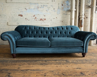 Large British Handmade Seater Duck Egg Blue Velvet Fabric Chesterfield  Sofa