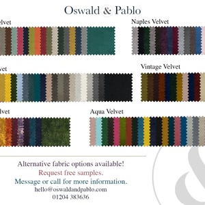 Puede incluir: Una carta de colores de diferentes tejidos de terciopelo, incluyendo House Velvet, Naples Velvet, Matt Velvet, Mode Velvet, Aqua Velvet y Vintage Velvet. La carta est&aacute; etiquetada como "Oswald & Pablo" e incluye informaci&oacute;n de contacto de la empresa.
