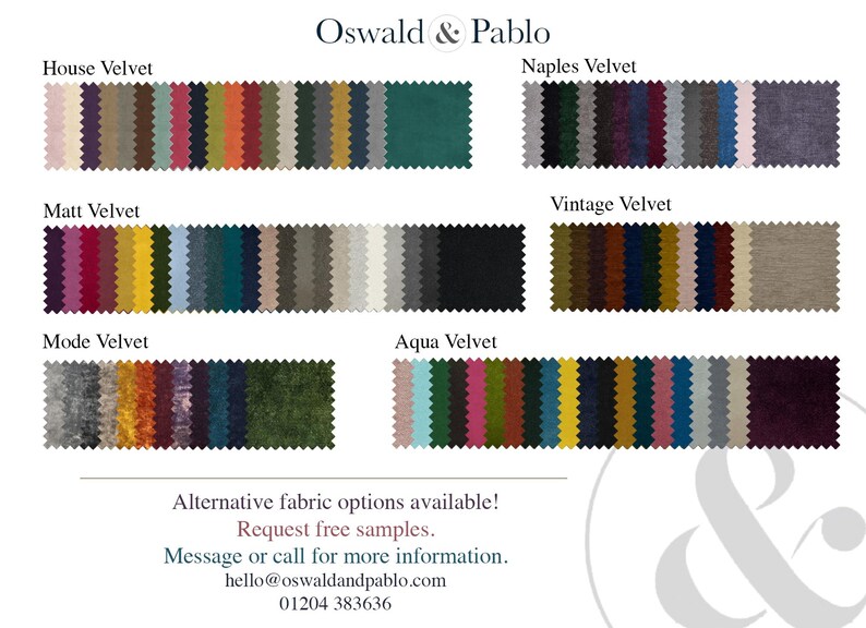 Puede incluir: Una carta de colores de diferentes tejidos de terciopelo, incluyendo House Velvet, Naples Velvet, Matt Velvet, Mode Velvet, Aqua Velvet y Vintage Velvet. La carta est&aacute; etiquetada como "Oswald & Pablo" e incluye informaci&oacute;n de contacto de la empresa.