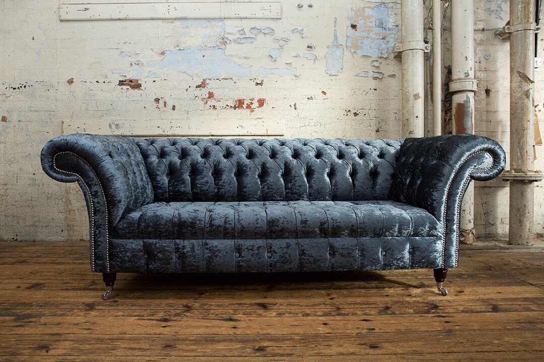 Unique British Handmade Blue Crushed Velvet 3 Seater Chesterfield Sofa ...