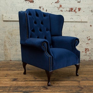 British Handmade Navy Blue Velvet Fabric Chesterfield Wing Fireside Chair