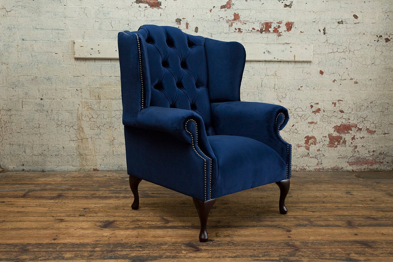 Navy blue velvet wingback chair discount