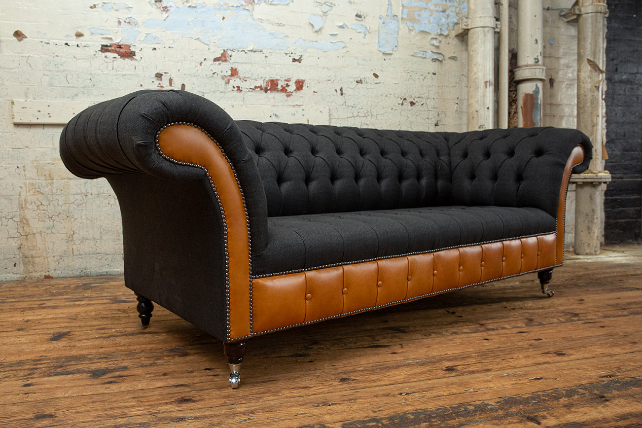 British Handmade 3 Seater Charcoal Grey Herringbone Wool & Tan - Etsy