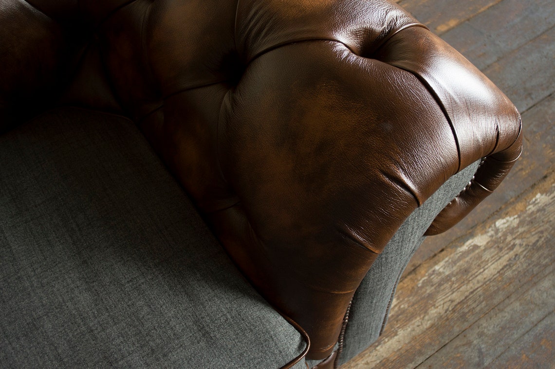 3 Seater Antique Tan Leather Chesterfield Sofa, Grey Wool, British ...