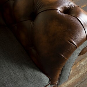 3 Seater Antique Tan Leather Chesterfield Sofa, Grey Wool, British ...
