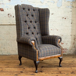 British Handmade Tan Brown Herringbone Tweed with Antique Tan Leather High Back Wing Chair