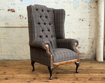 British Handmade Tan Brown Herringbone Tweed with Antique Tan Leather High Back Wing Chair