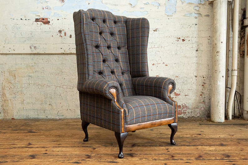 British Handmade Tan Brown Herringbone Tweed with Antique Tan Leather High Back Wing Chair image 1
