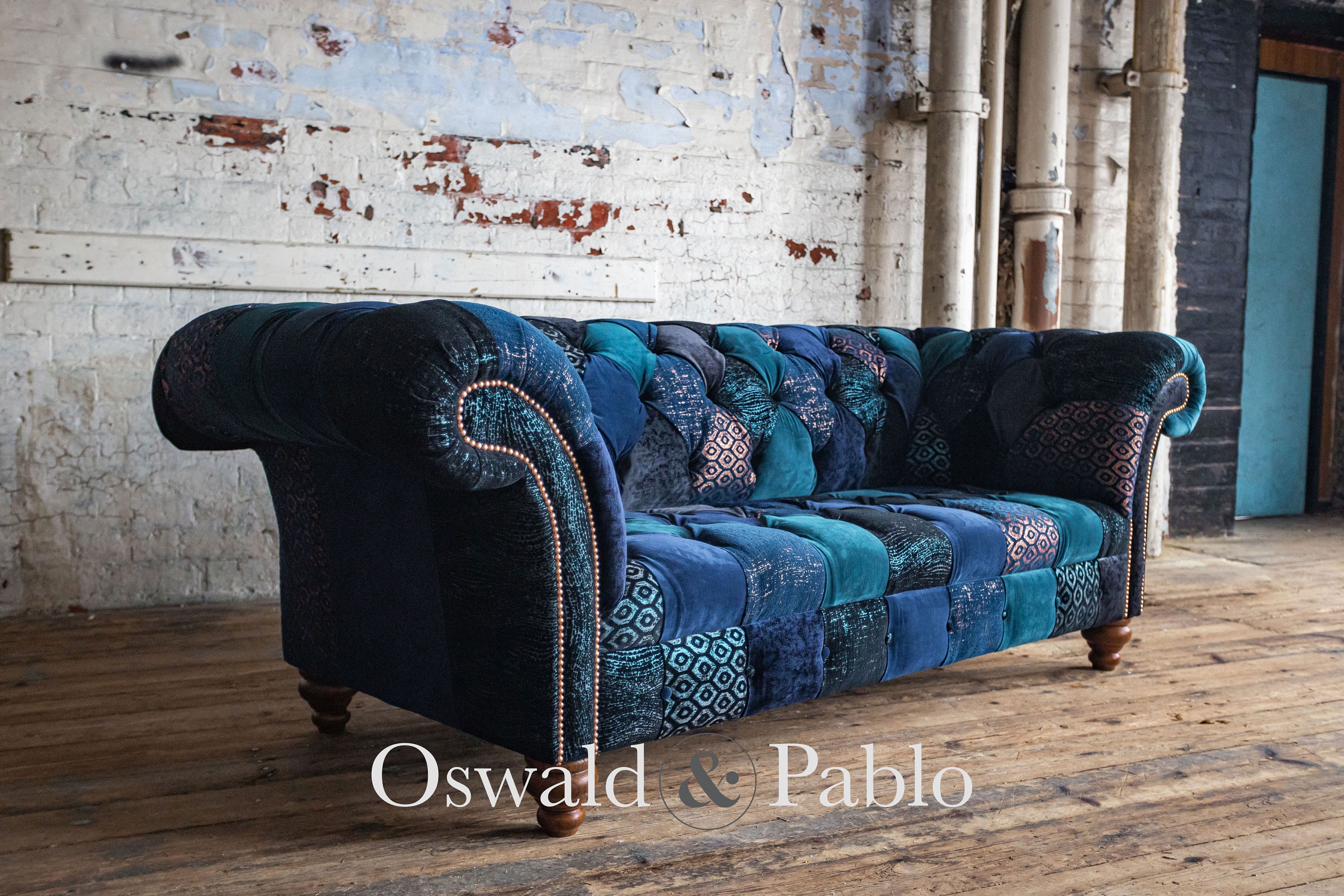 Unique British Handmade 3 Seater Navy Blue Velvet Fabric Patchwork ...