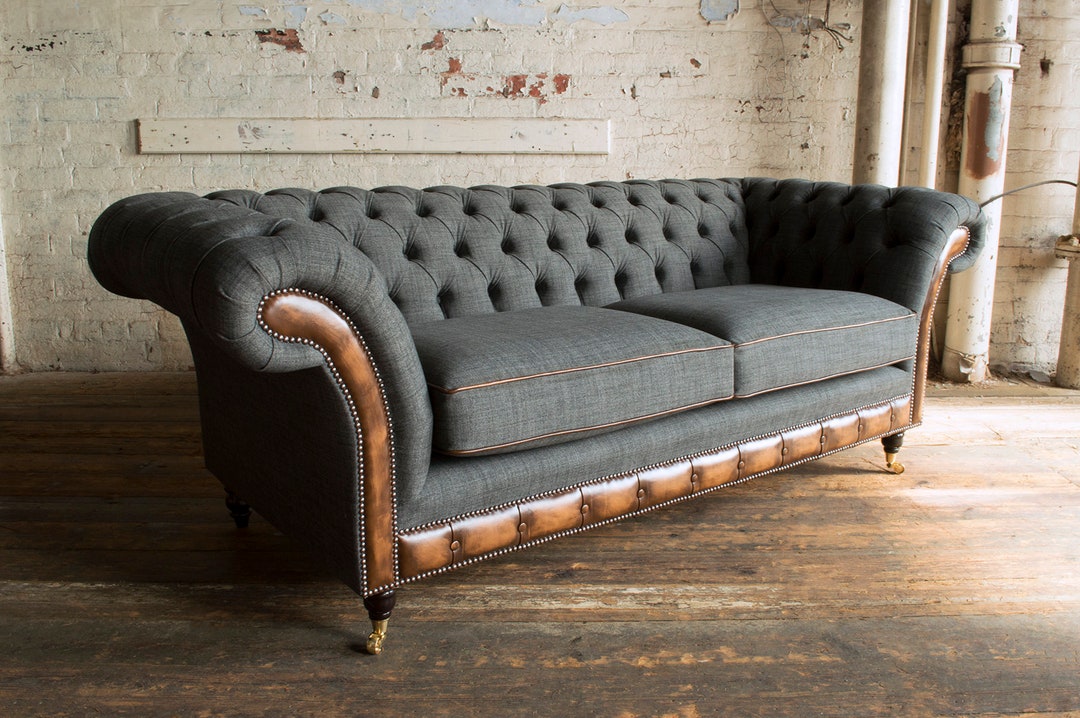 British Handmade 3 Seater Grey Wool & Antique Tan Leather 3 Seater ...