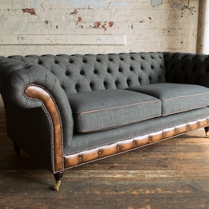 British Handmade 3 Seater Grey Wool & Antique Tan Leather 3 Seater ...