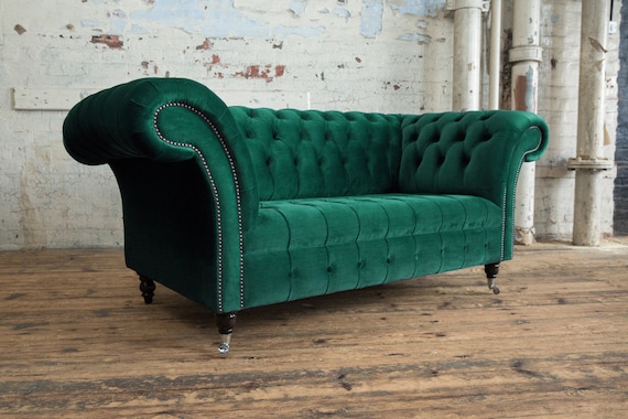 Handmade 2 Seater Emerald Green Velvet Fabric Chesterfield Sofa