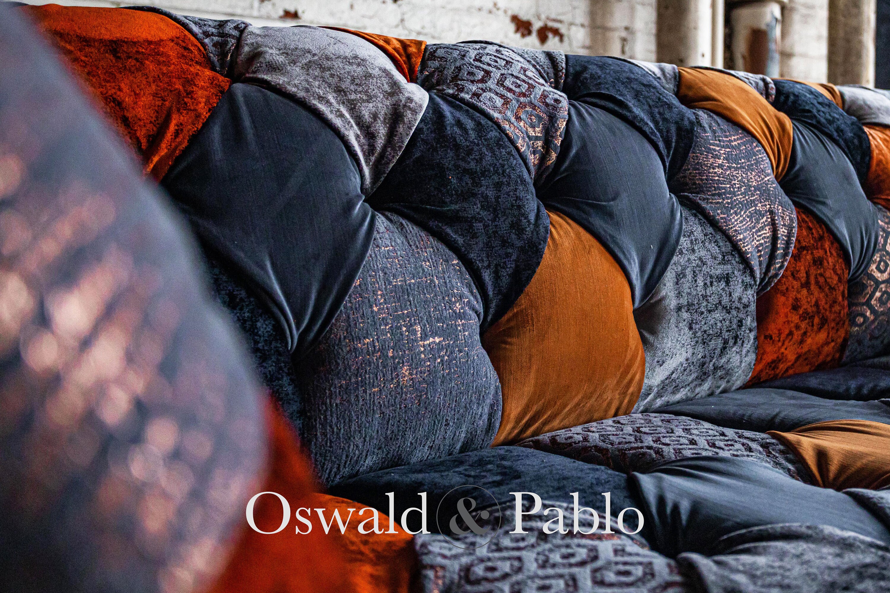 Unique British Handmade 3 Seater Copper Orange & Grey Velvet